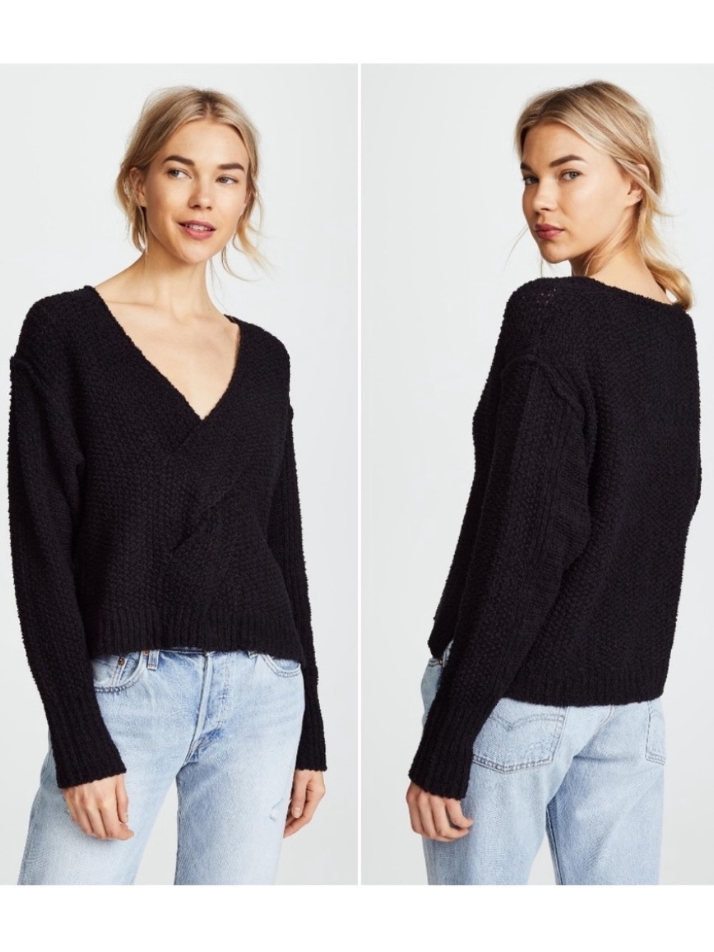 Free People Black Coco V-Neck Chunky Knit Long Sleeve Sweater Size Large Chic